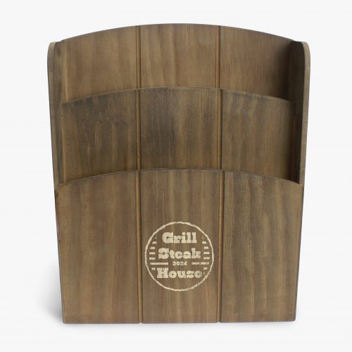 Wooden menu holder with personalised business logo engraved