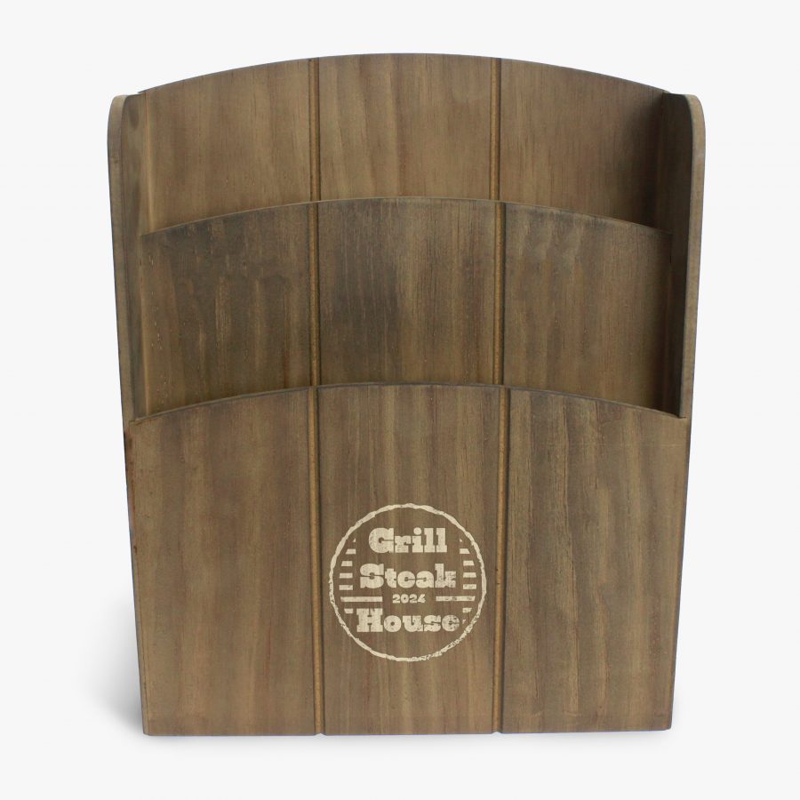 Wooden menu holder with personalised business logo engraved