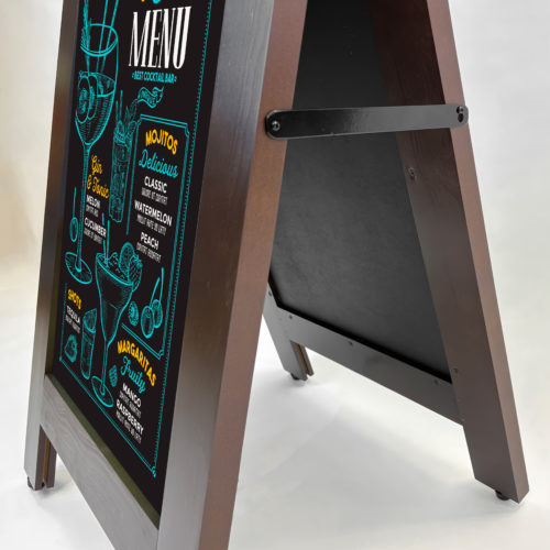 Boutique A Board Closeup Boutique A-Board, finished in chocolate brown stain, a fixed printed chalkboard with a close up on the powder coated black metal stay.