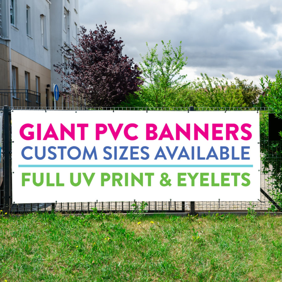 Giant banner on a fence with message that advertises custom size PVC banners for dale