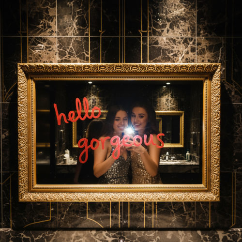 Gold framed chalkboard with reflective gold mirror