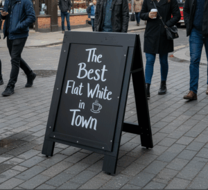High quality wooden A board outside a busy UK high street shop