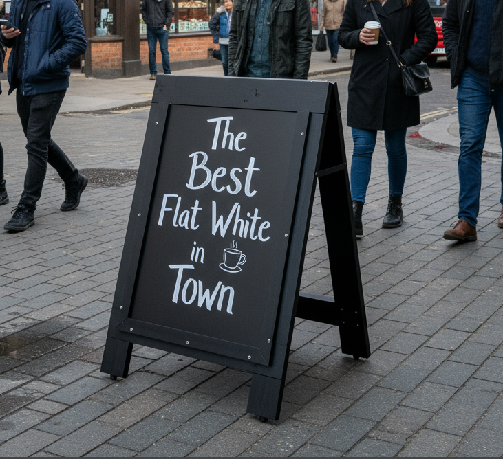 High-quality wooden A-board outside a busy UK high street shop