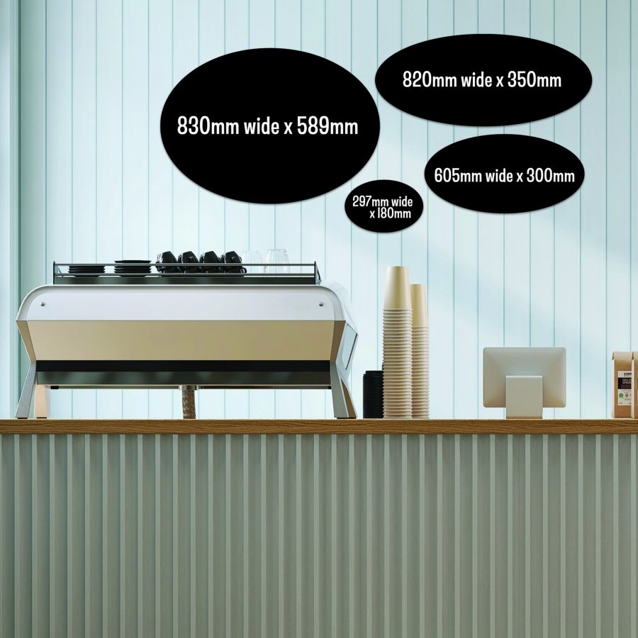 A collection of 4 oval shaped chalkboards hanging from a wall