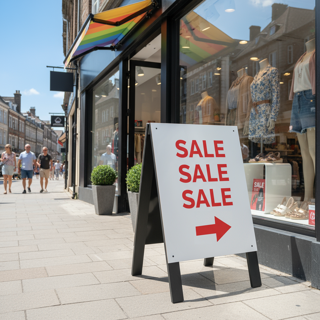 Retail shop using a printed pavement sign to advertise sale offers
