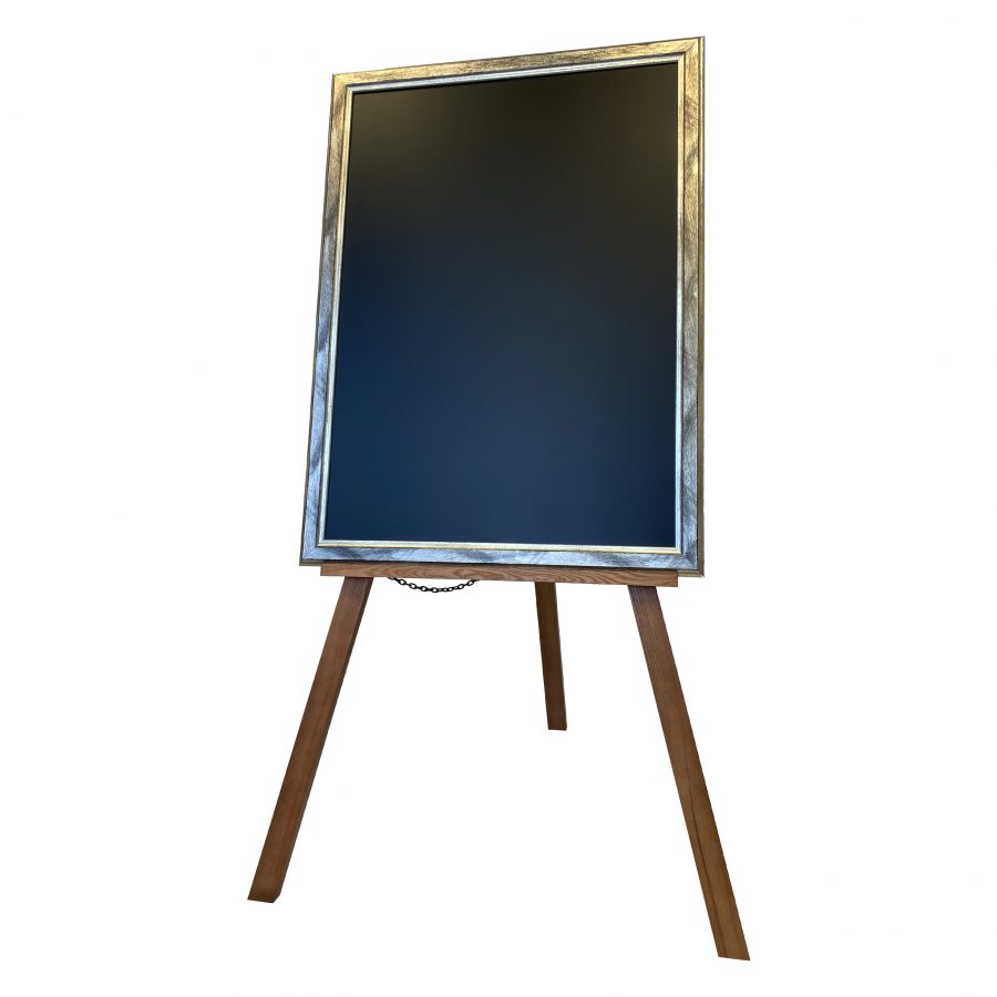 A durable wooden easel with a framed chalkboard for promotions and information sharing