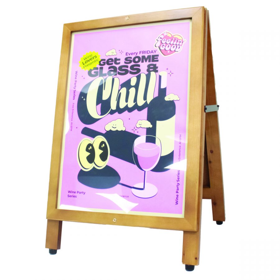 Pavement sign with side-loading poster insert design finished with pine frame and printed display