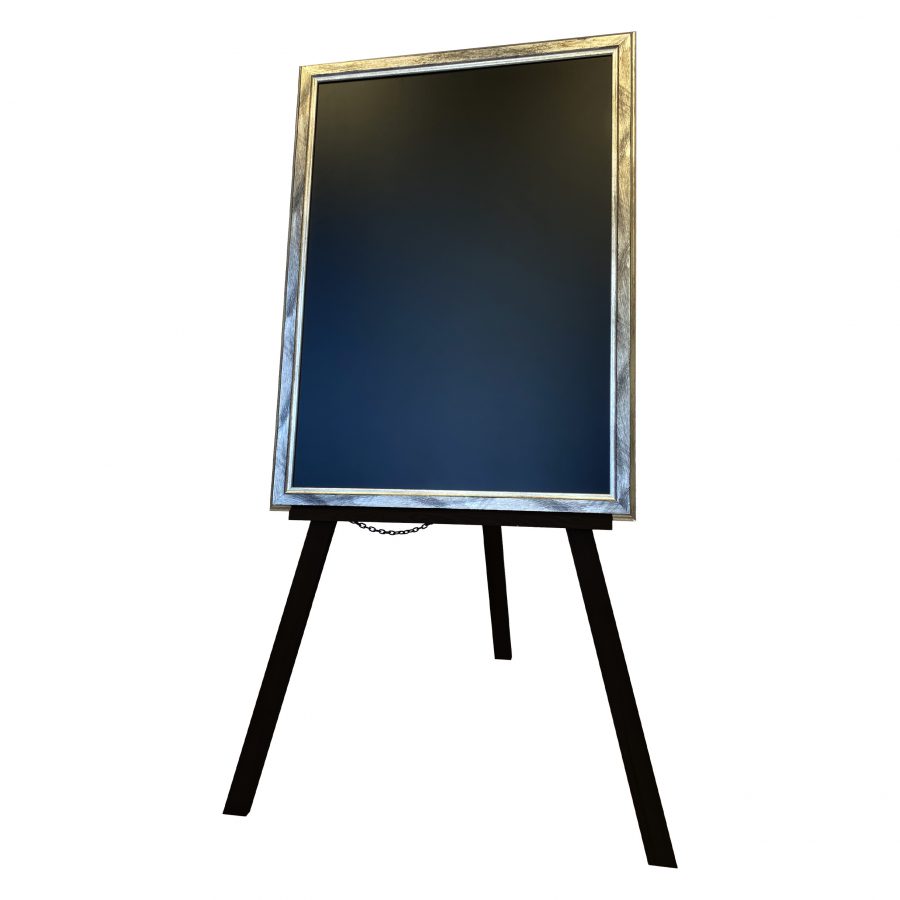 A durable wooden easel with a framed chalkboard for promotions and information sharing