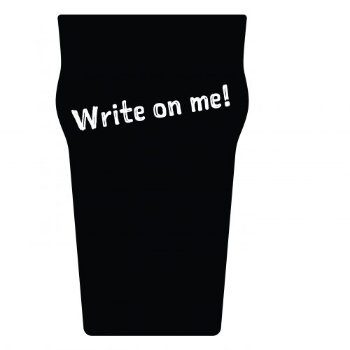 A pint glass-shaped chalkboard that can be written on with chalkpen