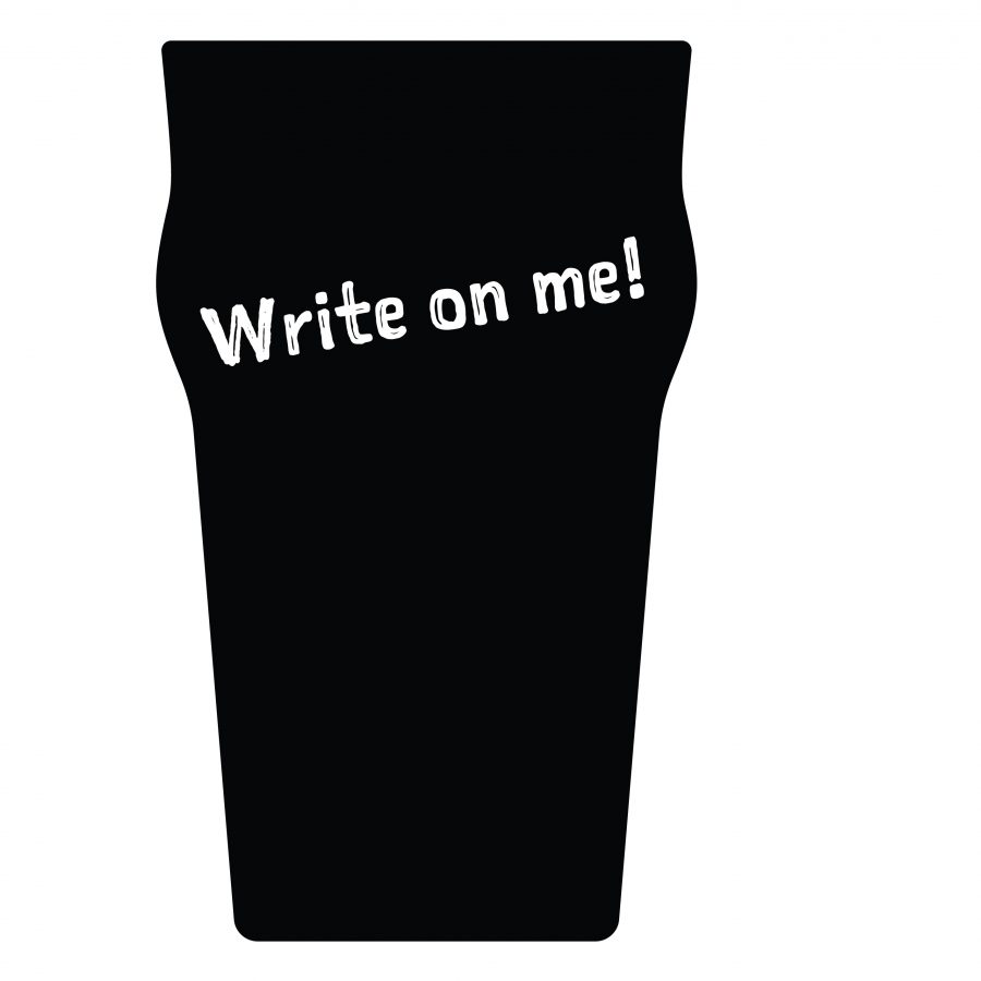 A pint glass-shaped chalkboard that can be written on with chalkpen