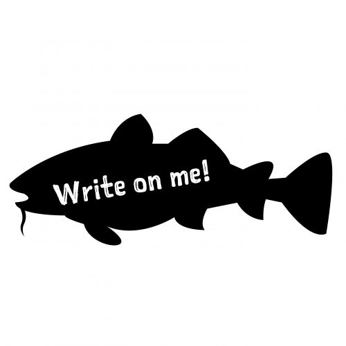 An fish shaped chalkboard that can be written on with chalkpen