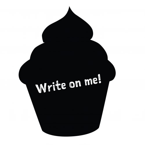 An cup cake shaped chalkboard that can be written on with chalkpen
