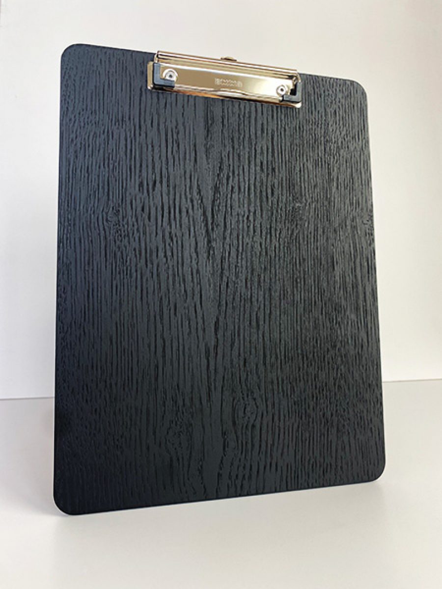 Black wooden clipboard with clip