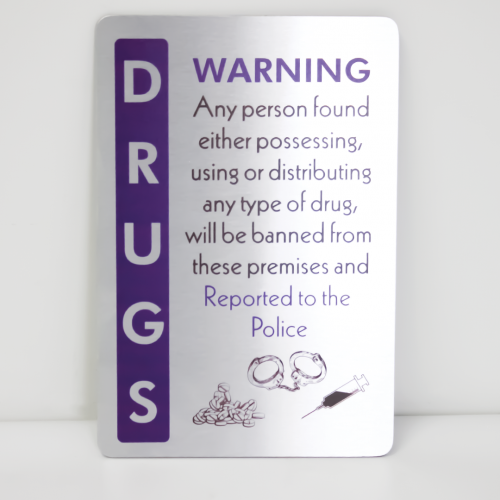 Example of a general purpose small sign warning against the use of drugs on the business premises