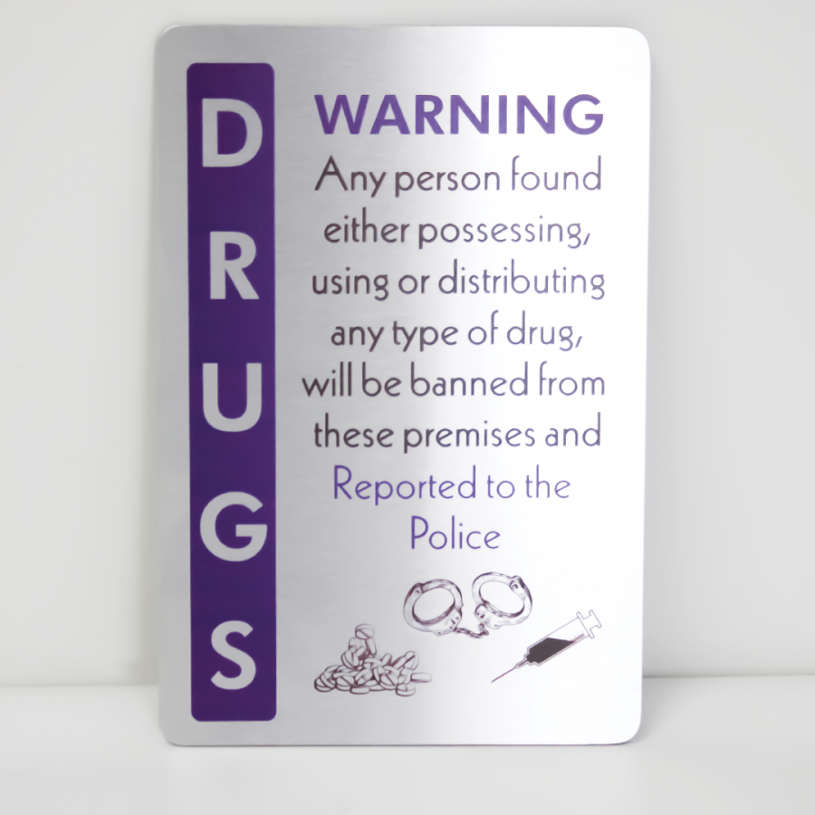 Example of a general purpose small sign warning against the use of drugs on the business premises