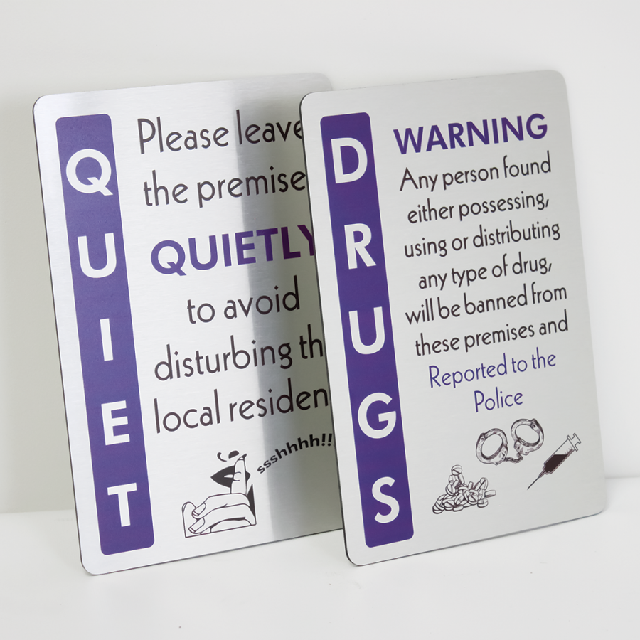 General purpose small sign asking customers to be quiet upon leaving the premises