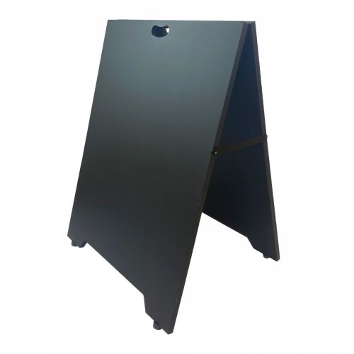 A chalkboard pavement sign with cutout hole for a handle