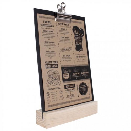 Small chalkboard with clip for attaching a menu including a solid wood base