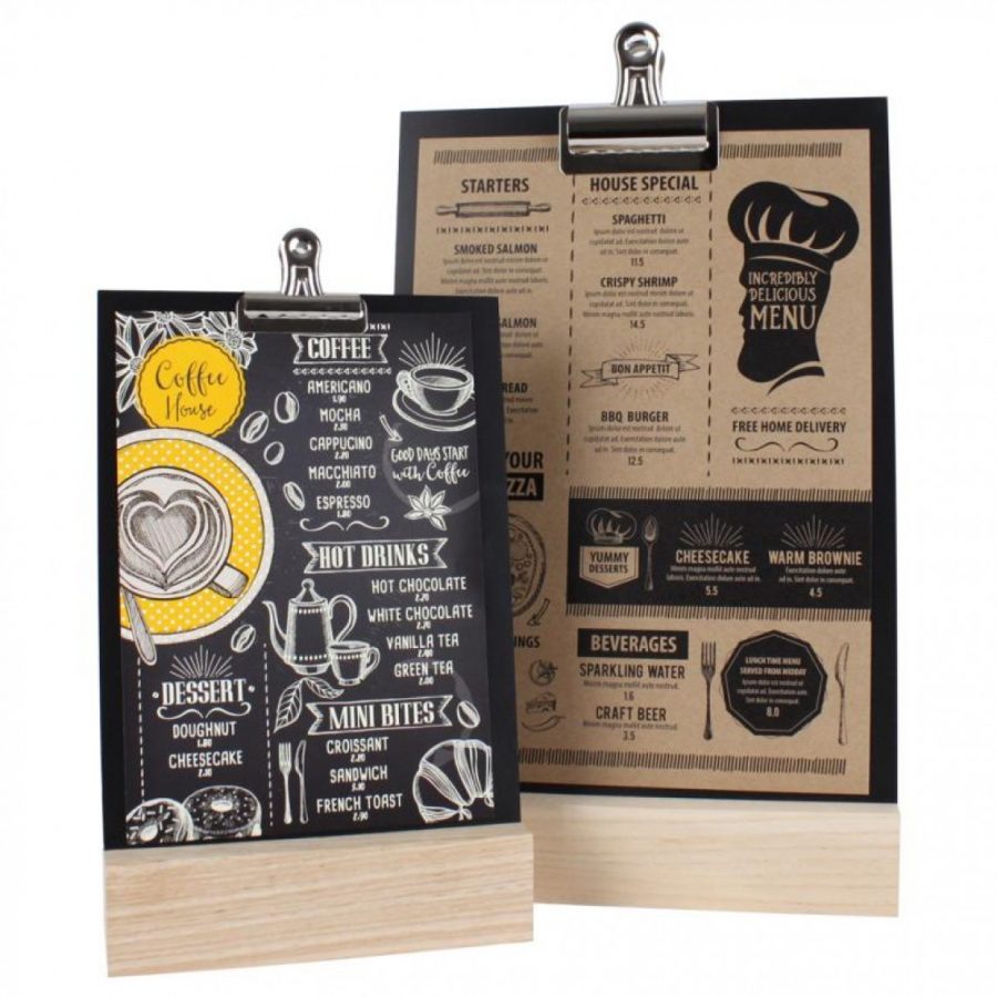 Small chalkboard with clip for attaching a menu including a solid wood base