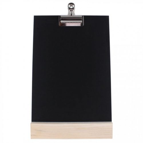 Small chalkboard with clip for attaching a menu including a solid wood base
