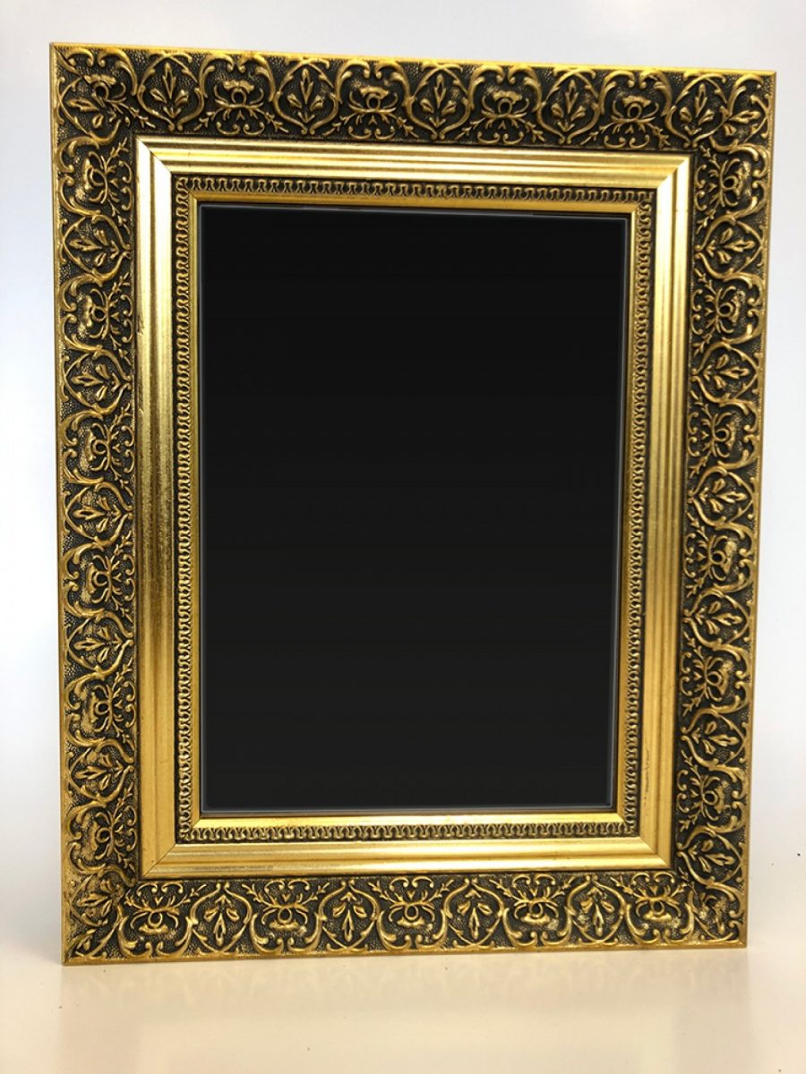 Wooden poster frame with gold frame and hinged door