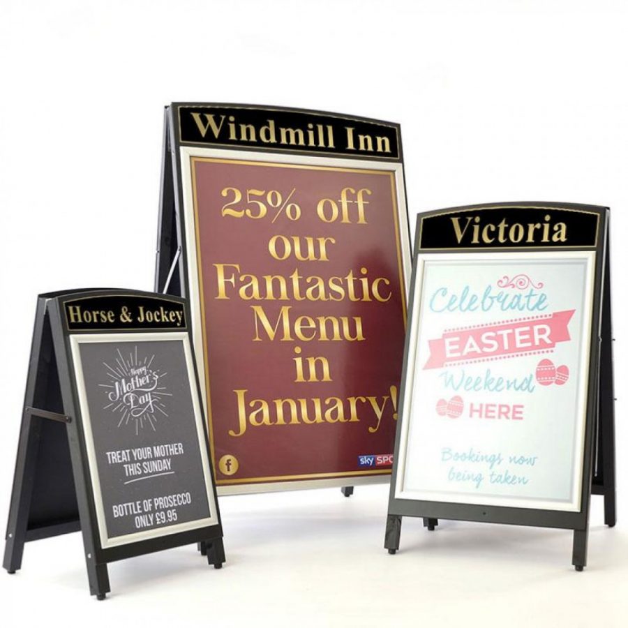 3 wooden A-Boards of small medium and large size finished in black