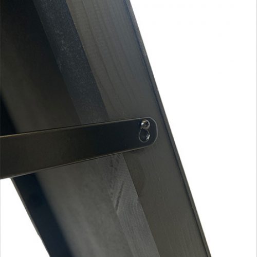 Closeup of  hinge for wooden A-Board finished in black
