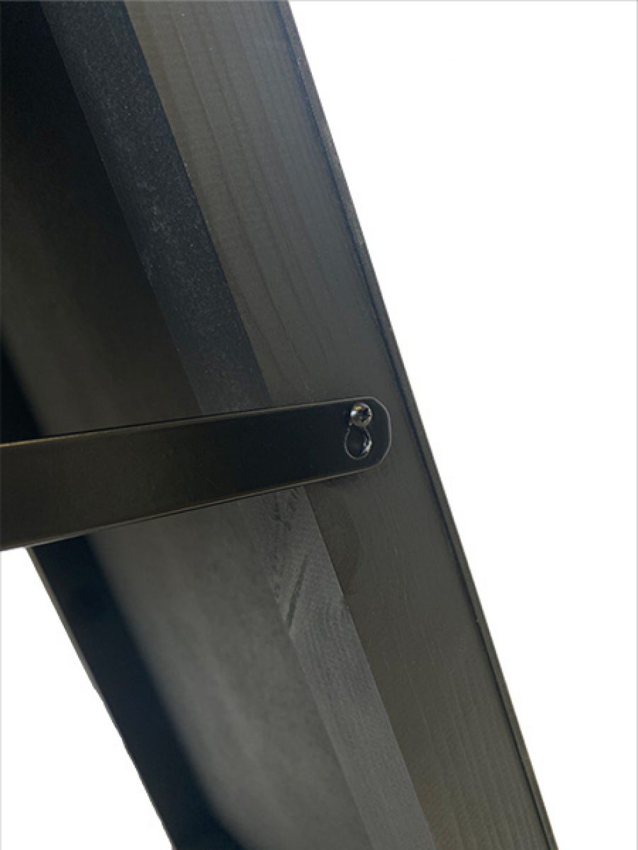 Closeup of  hinge for wooden A-Board finished in black