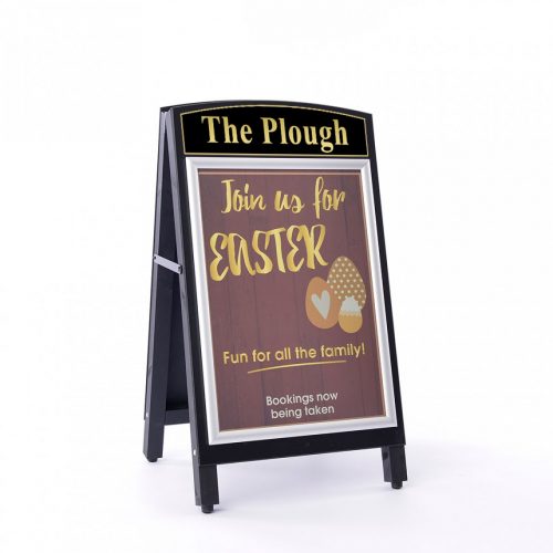 Wooden A-Board finished in black with poster
