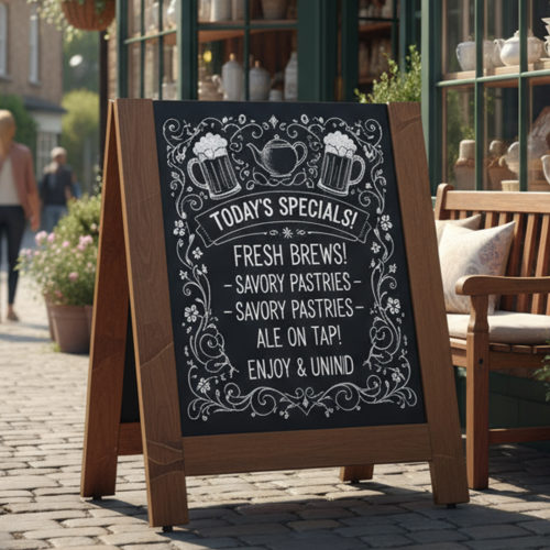 distressed wooden a-board outside a traditional tea shop
