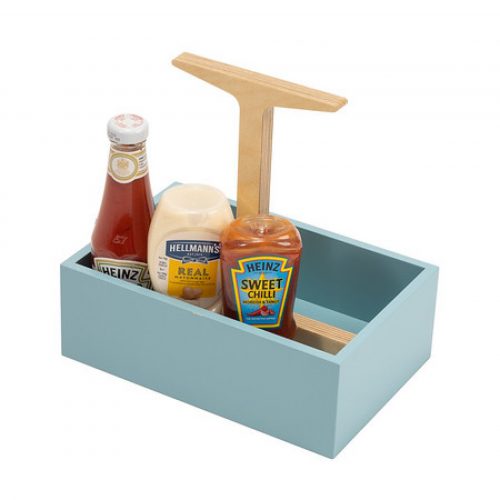 A painted wooden box holding condiments natural wood handle