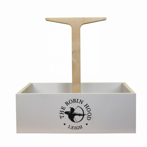 A painted wooden box holding condiments natural wood handle