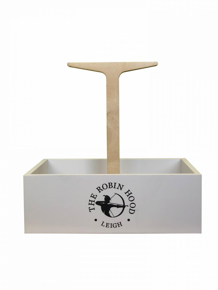 A painted wooden box holding condiments natural wood handle