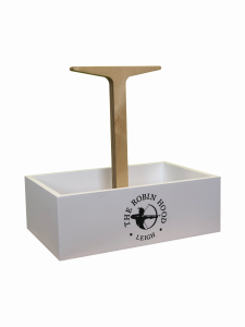 A painted wooden box holding condiments natural wood handle