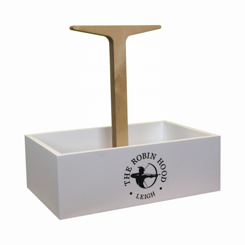 A painted wooden box holding condiments natural wood handle