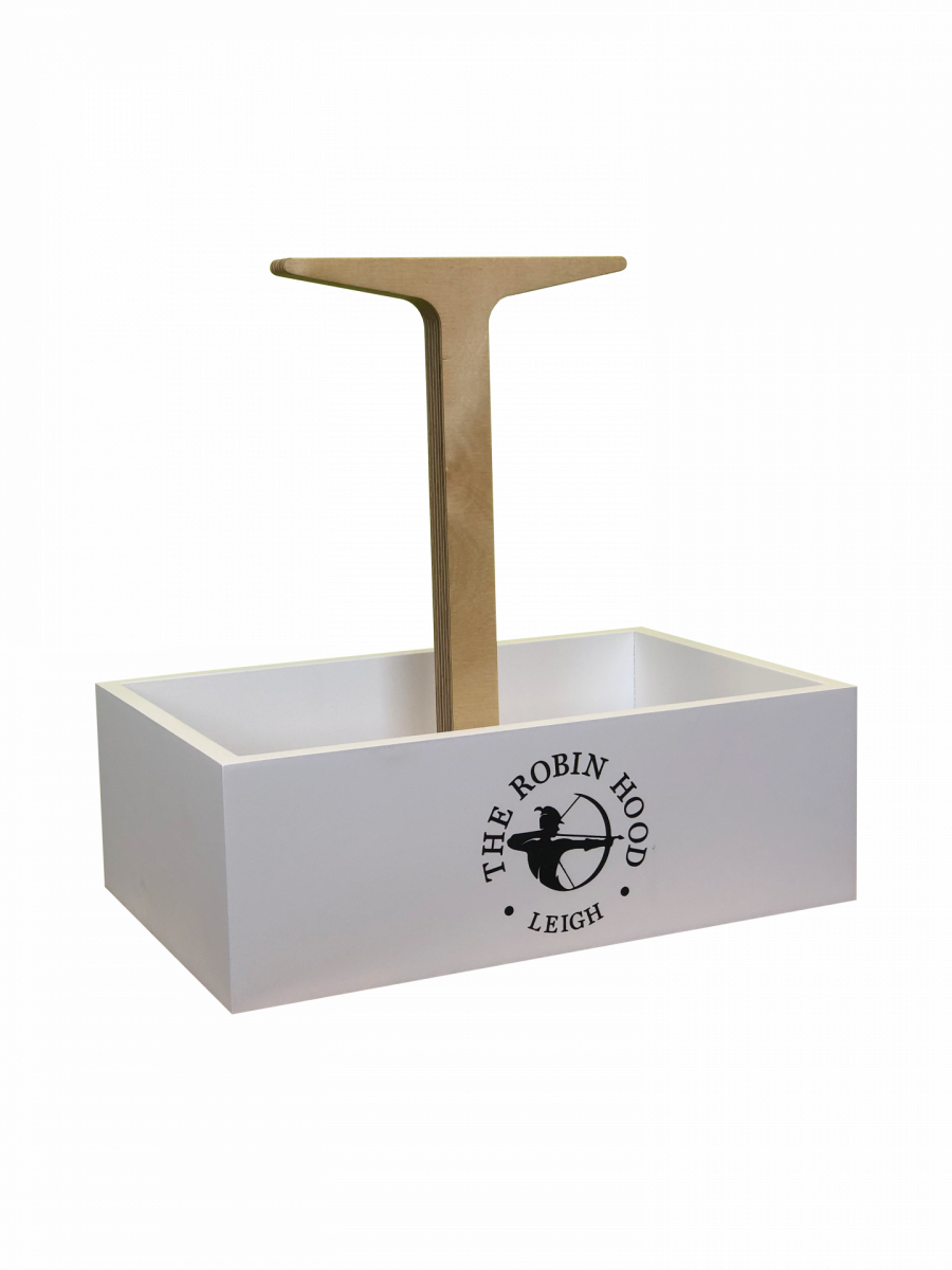A painted wooden box holding condiments natural wood handle