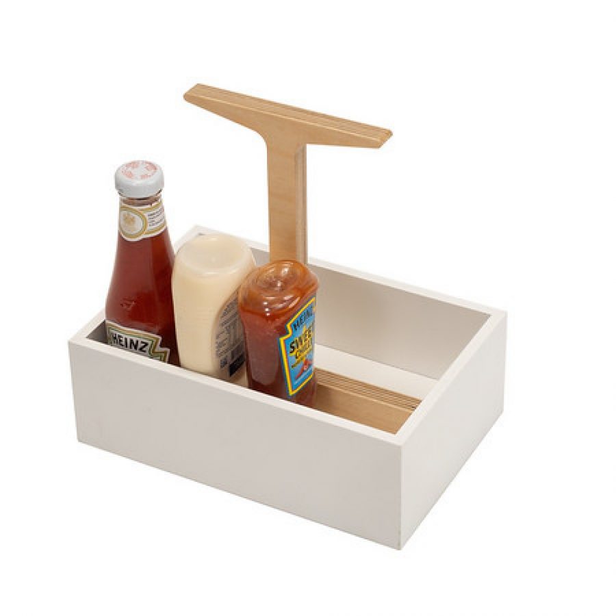 A painted wooden box holding condiments natural wood handle