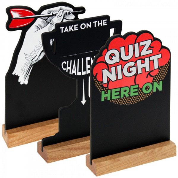 shaped table talkers with writable chalkboard surface in a wooden block shaped table talkers with writable chalkboard surface in a wooden block