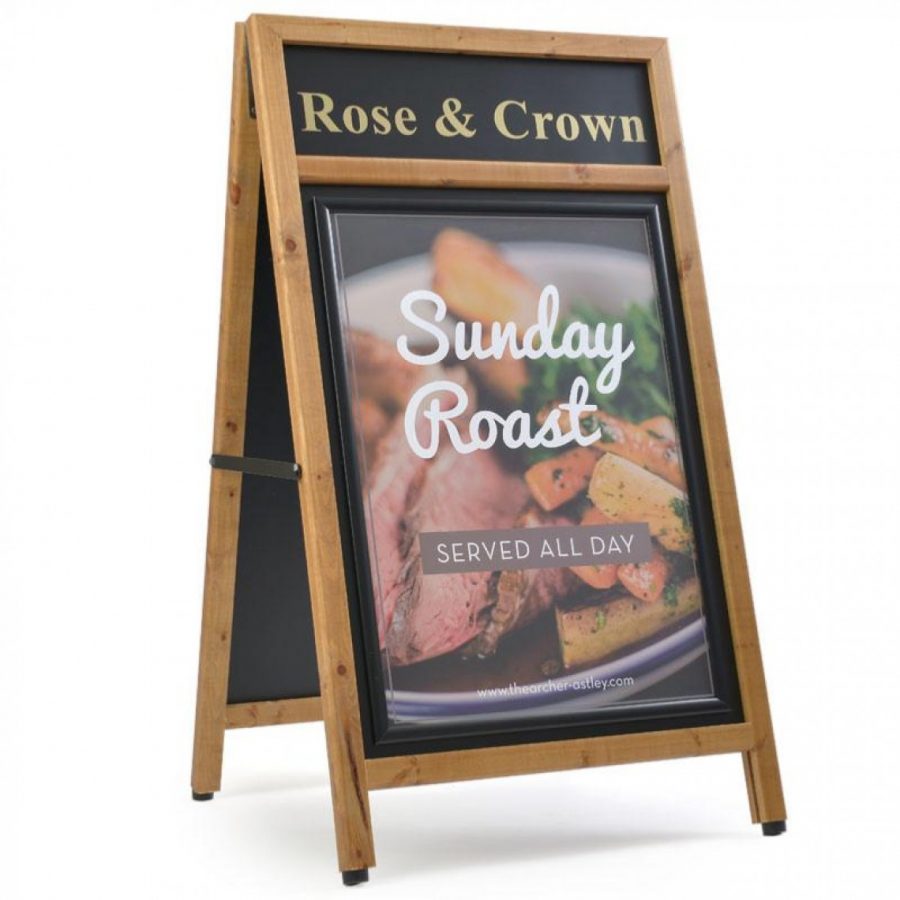 Wooden standard plus A-Boards with custom heading and print