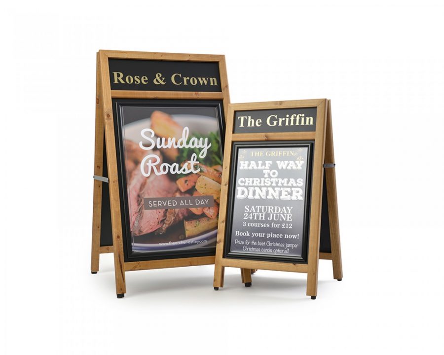 Wooden standard plus A-Boards with custom heading and print
