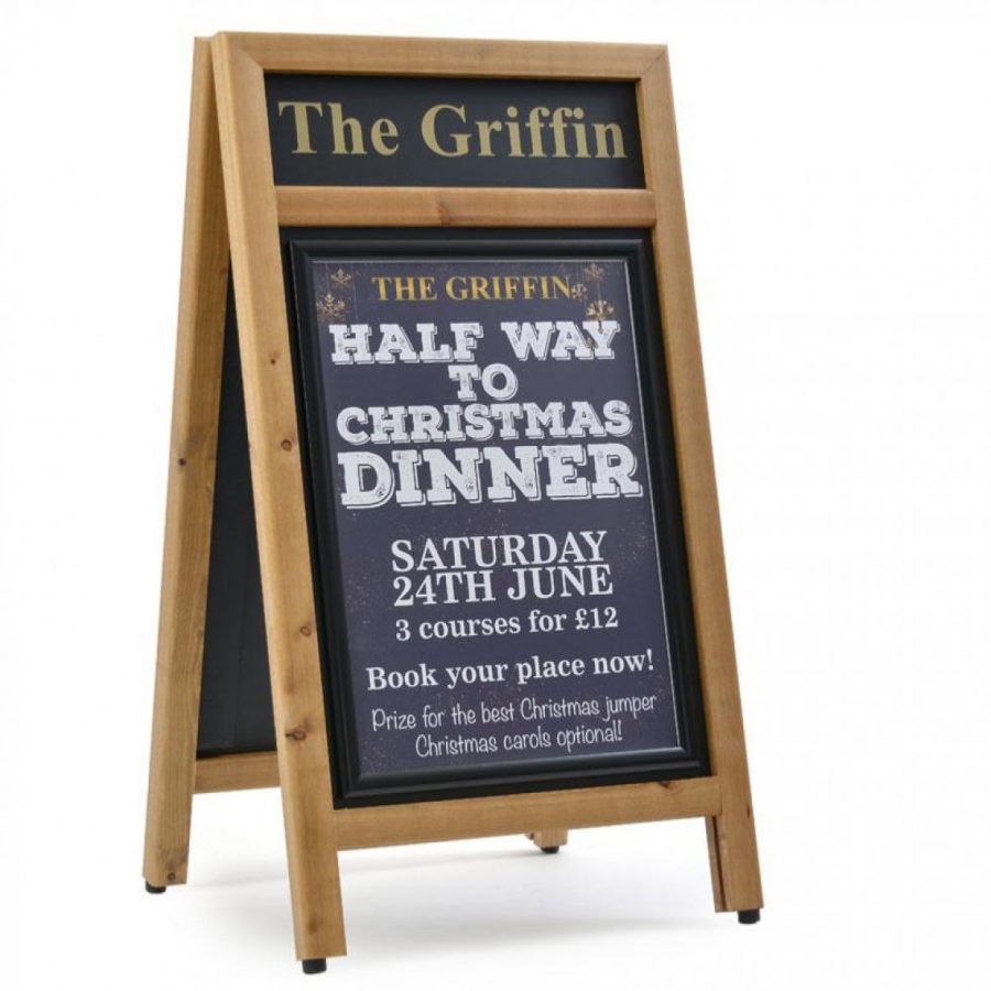 Wooden standard plus A-Boards with custom heading and print