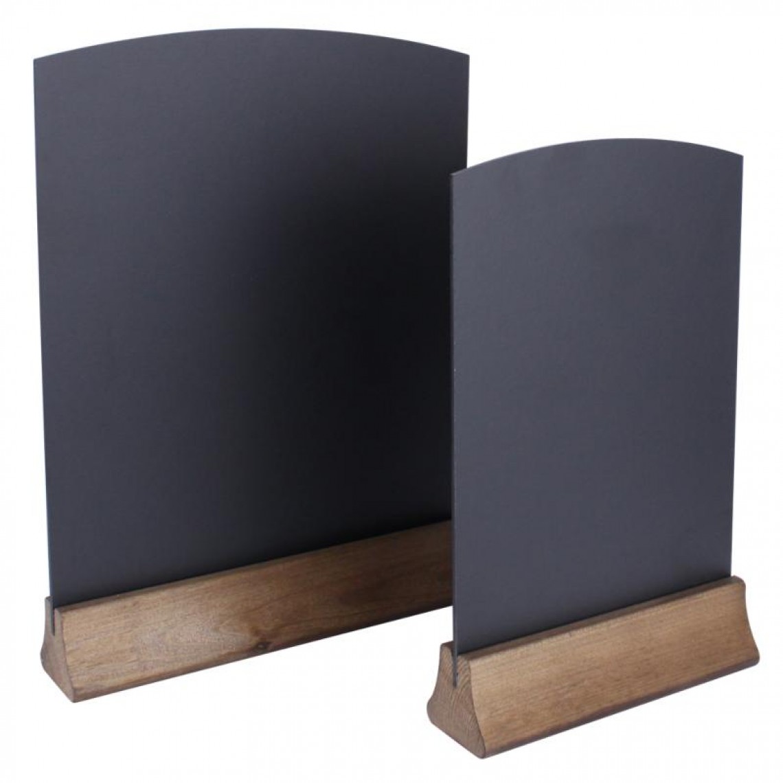 Standard chalkboard faced table talker with solid wood base