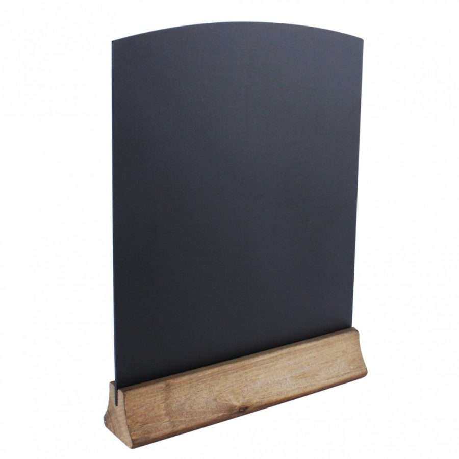 Standard table talker with chalkboard finish and wooden base