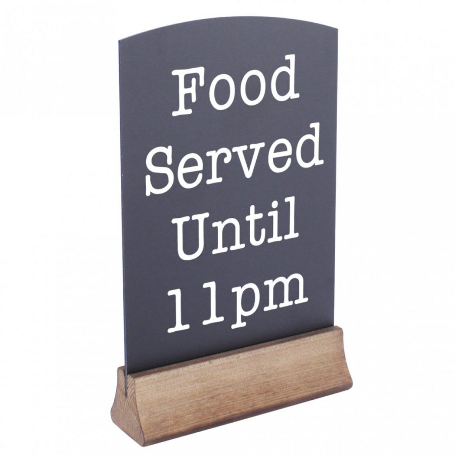 Standard table talker with chalkboard finish and wooden base