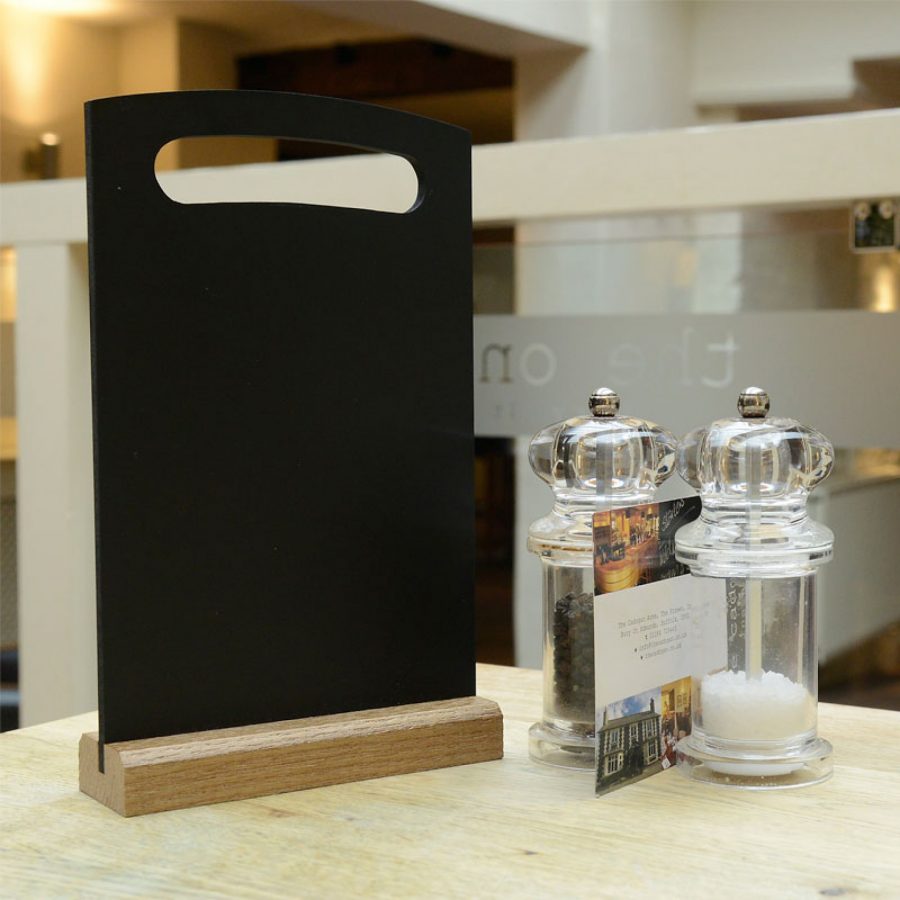 Chalkboard table talker with handle cutout
