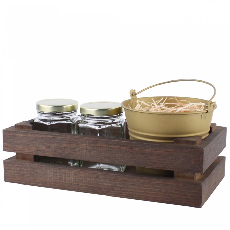 Tiered wooden caddy for menus accessories or other tabletop items in dark stain finish