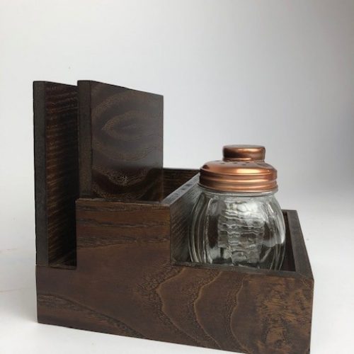tiered wooden caddy for menus accessories or other tabletop items in dark stain finish