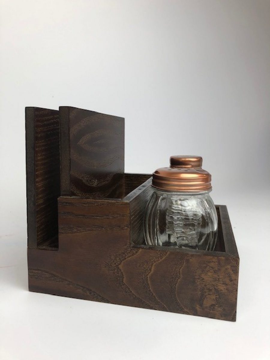 tiered wooden caddy for menus accessories or other tabletop items in dark stain finish