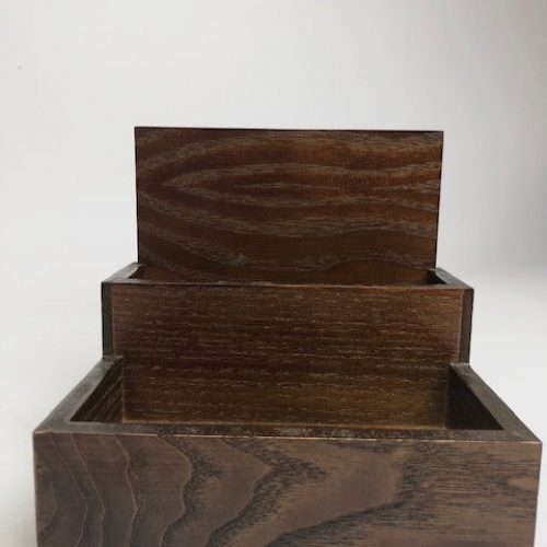 Tiered wooden caddy for menus accessories or other tabletop items in dark stain finish