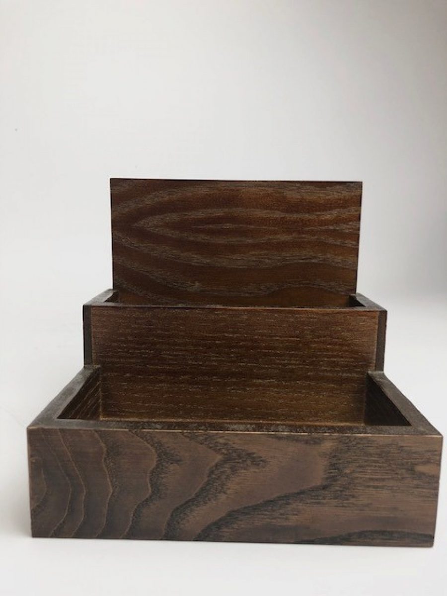 Tiered wooden caddy for menus accessories or other tabletop items in dark stain finish